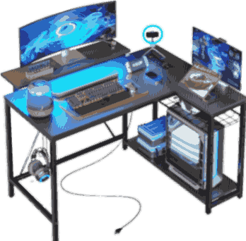 Gaming Desk with Power Outlets, 42 L-Shaped Gaming Desk with LED Lights